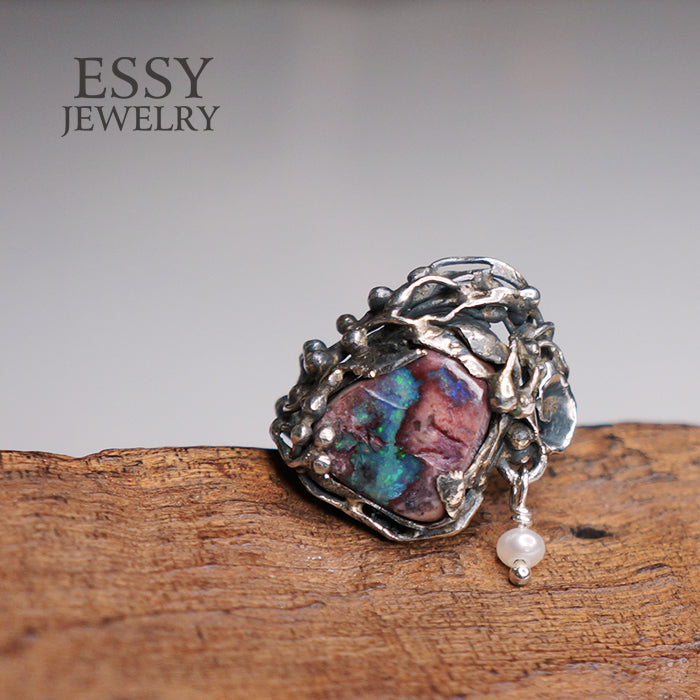 Boulder Opal Ring礫背蛋白石手工純銀戒指