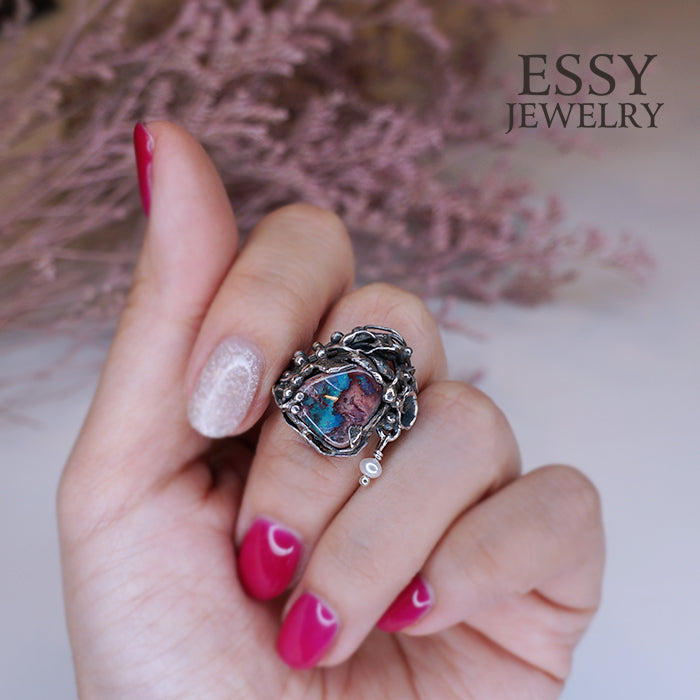 Boulder Opal Ring礫背蛋白石手工純銀戒指