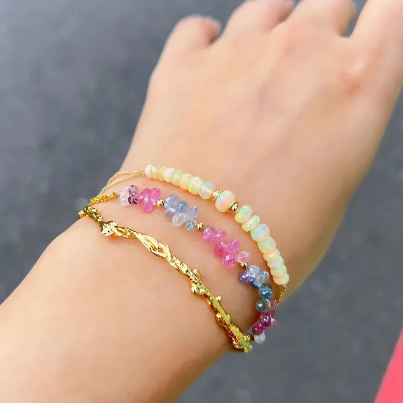 輕珠寶|切面彩虹蛋白石雙鍊手鏈