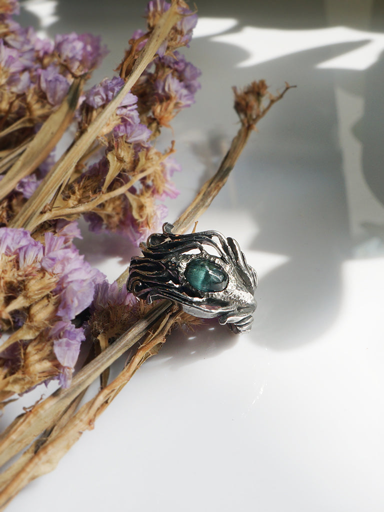 孔雀羽毛 藍綠碧璽 手工戒指