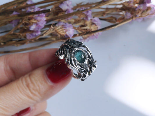 孔雀羽毛 藍綠碧璽 手工戒指