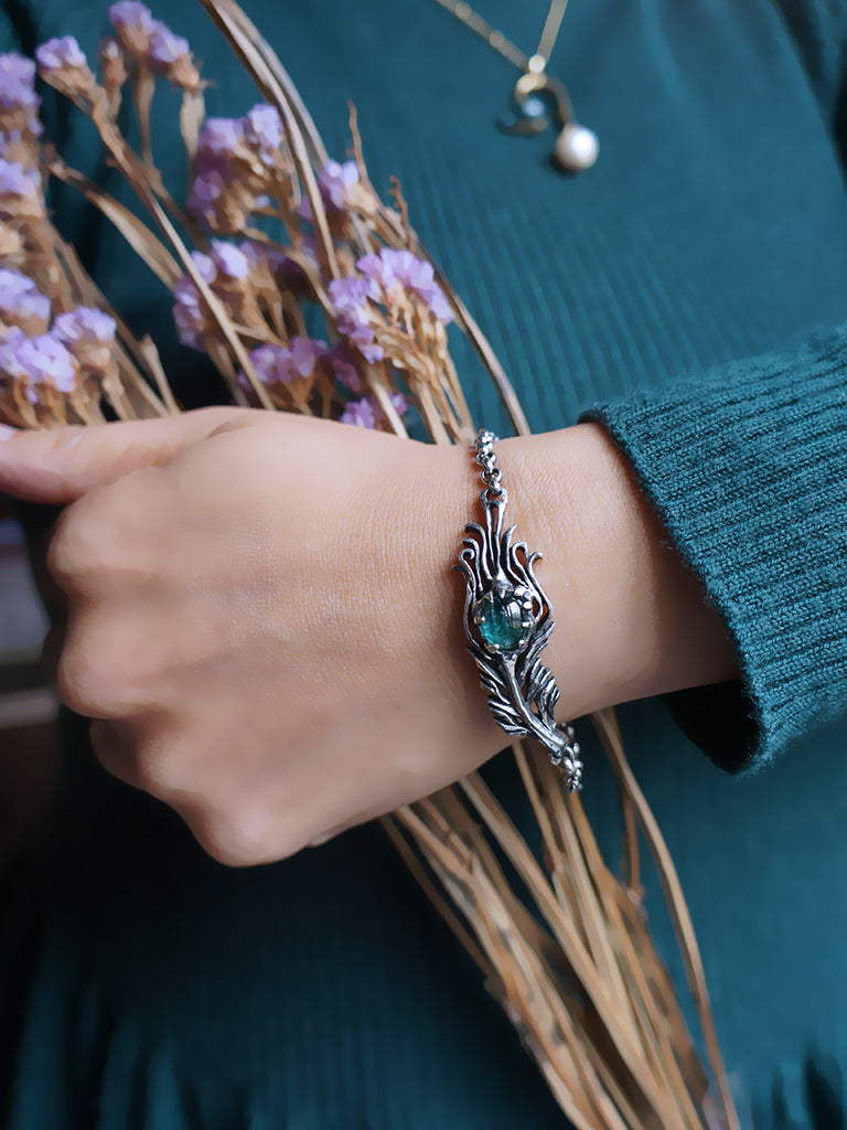 Tourmaline|富貴孔雀羽毛 藍綠漸層色碧璽 純銀手環 E031901