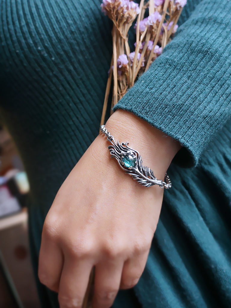 Tourmaline|富貴孔雀羽毛 藍綠漸層色碧璽 純銀手環 E031901