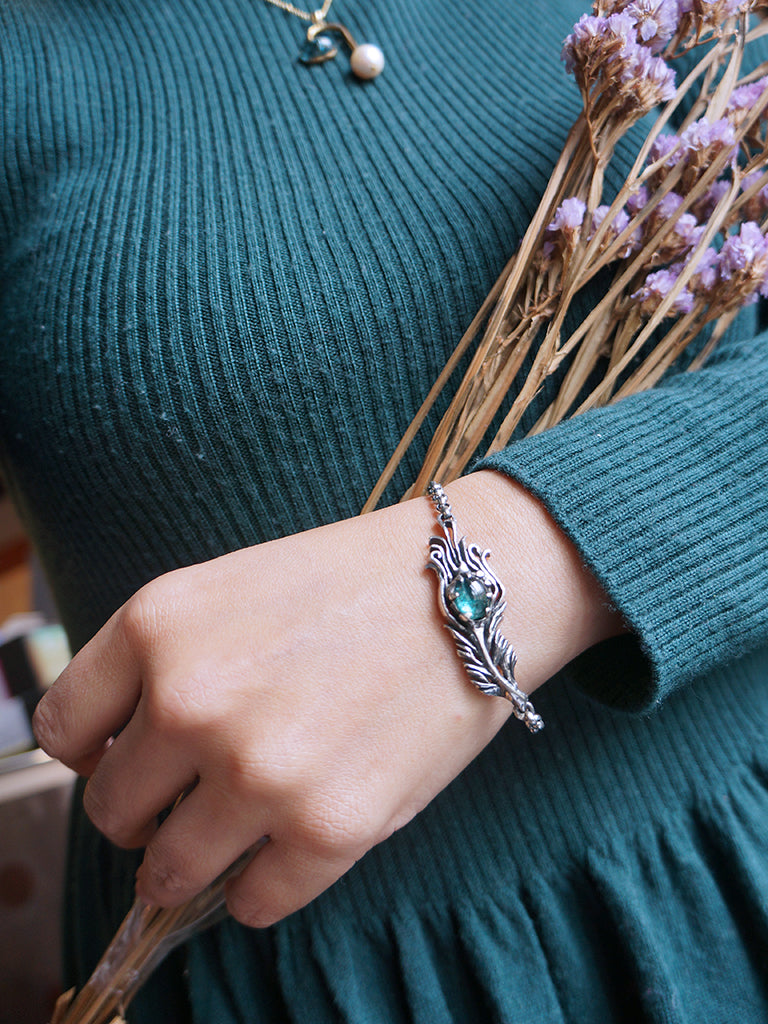 Tourmaline|富貴孔雀羽毛 藍綠漸層色碧璽 純銀手環 E031901