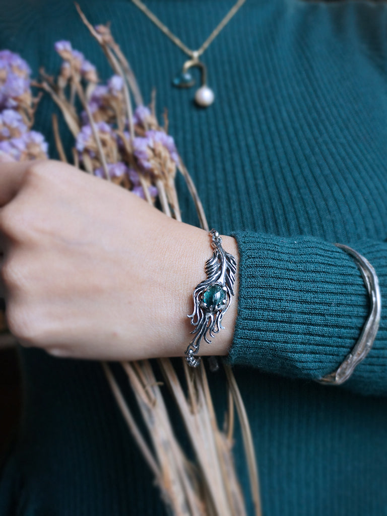 Tourmaline|富貴孔雀羽毛 藍綠漸層色碧璽 純銀手環 E031901