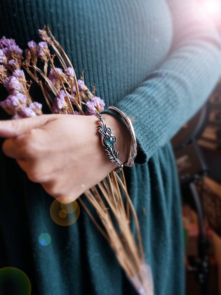 Tourmaline|富貴孔雀羽毛 藍綠漸層色碧璽 純銀手環 E031901