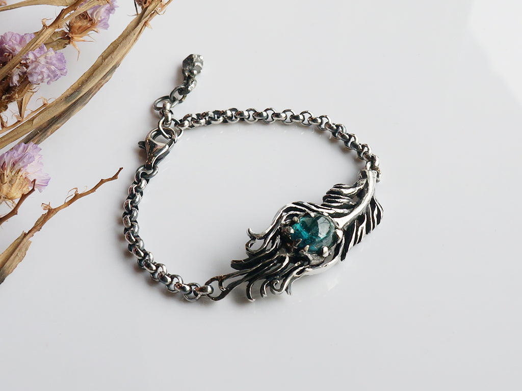 Tourmaline|富貴孔雀羽毛 藍綠漸層色碧璽 純銀手環 E031901