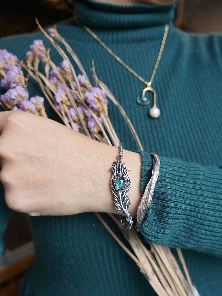 Tourmaline|富貴孔雀羽毛 藍綠漸層色碧璽 純銀手環 E031901