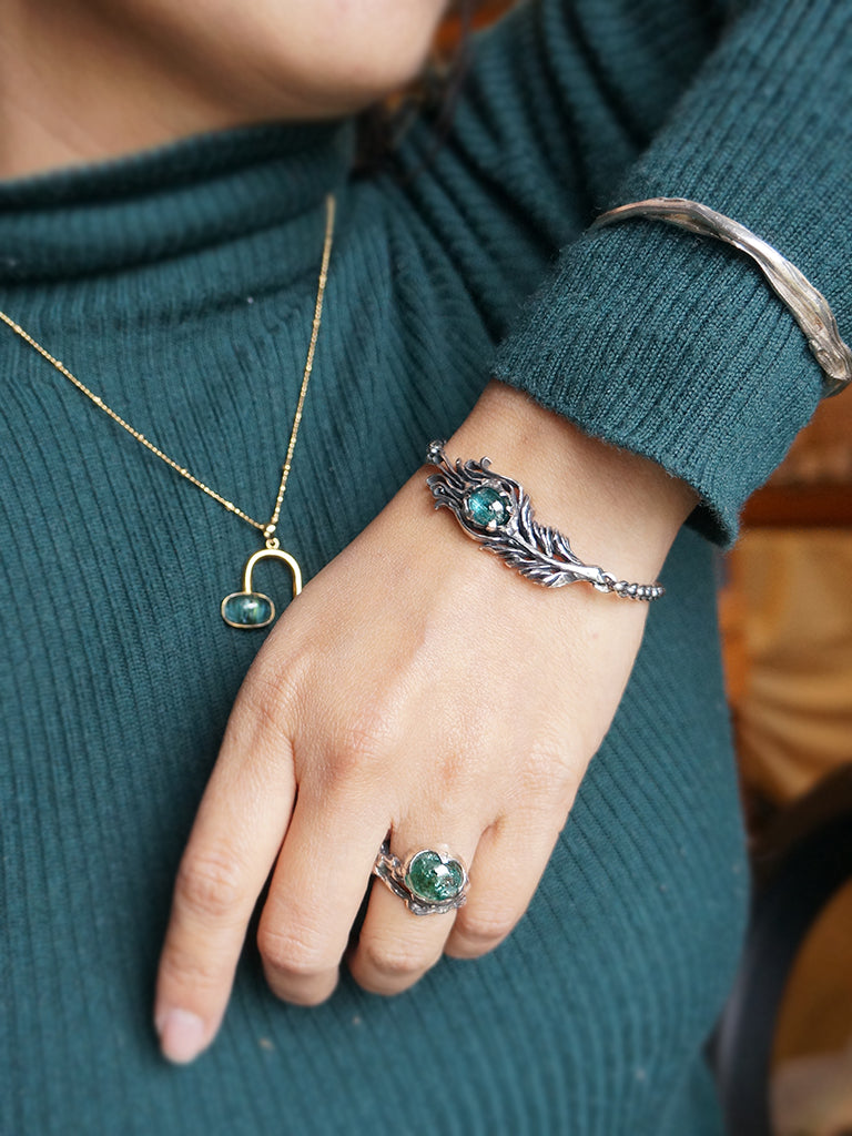 Tourmaline|富貴孔雀羽毛 藍綠漸層色碧璽 純銀手環 E031901