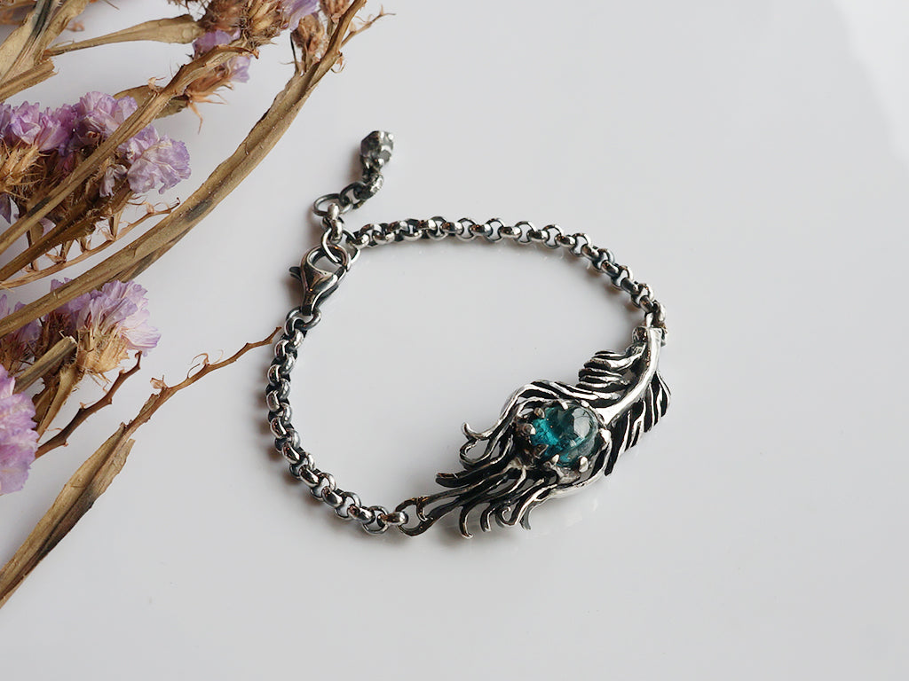 Tourmaline|富貴孔雀羽毛 藍綠漸層色碧璽 純銀手環 E031901