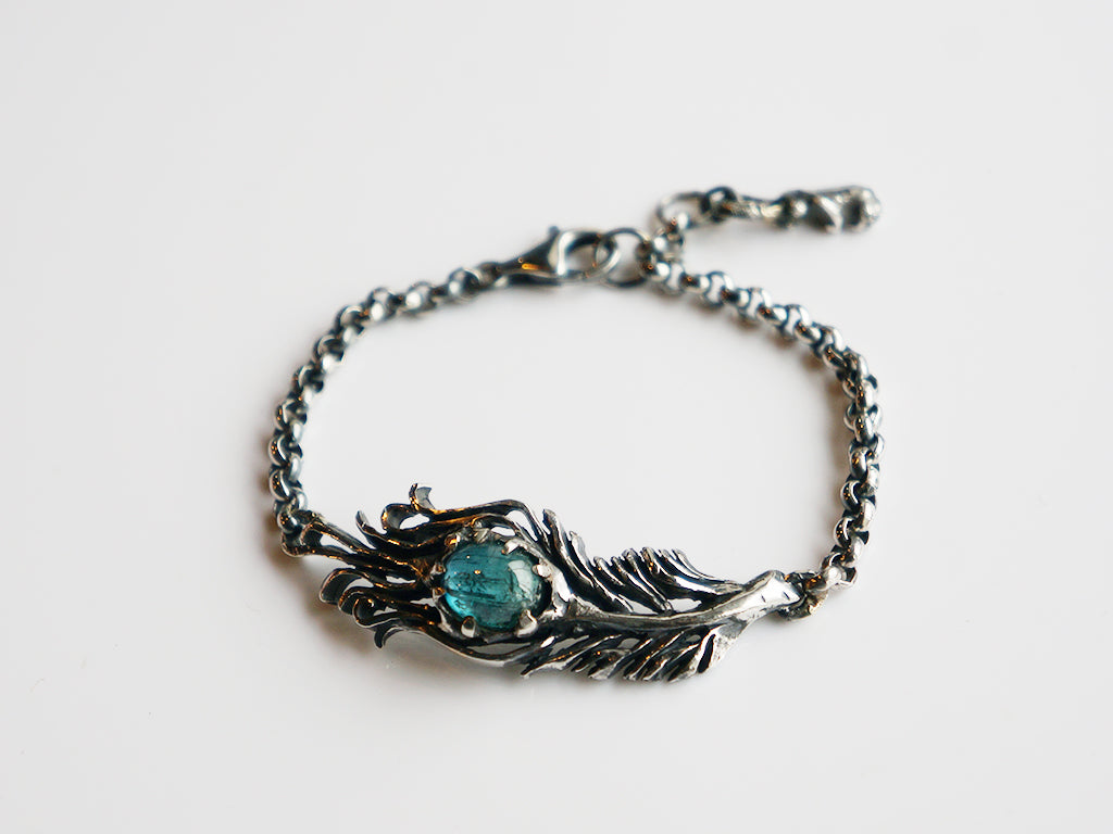 Tourmaline|富貴孔雀羽毛 藍綠漸層色碧璽 純銀手環 E031901