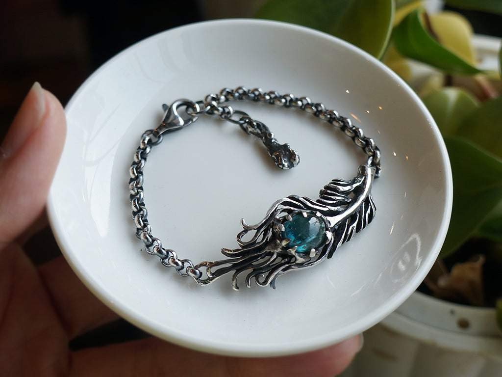 Tourmaline|富貴孔雀羽毛 藍綠漸層色碧璽 純銀手環 E031901