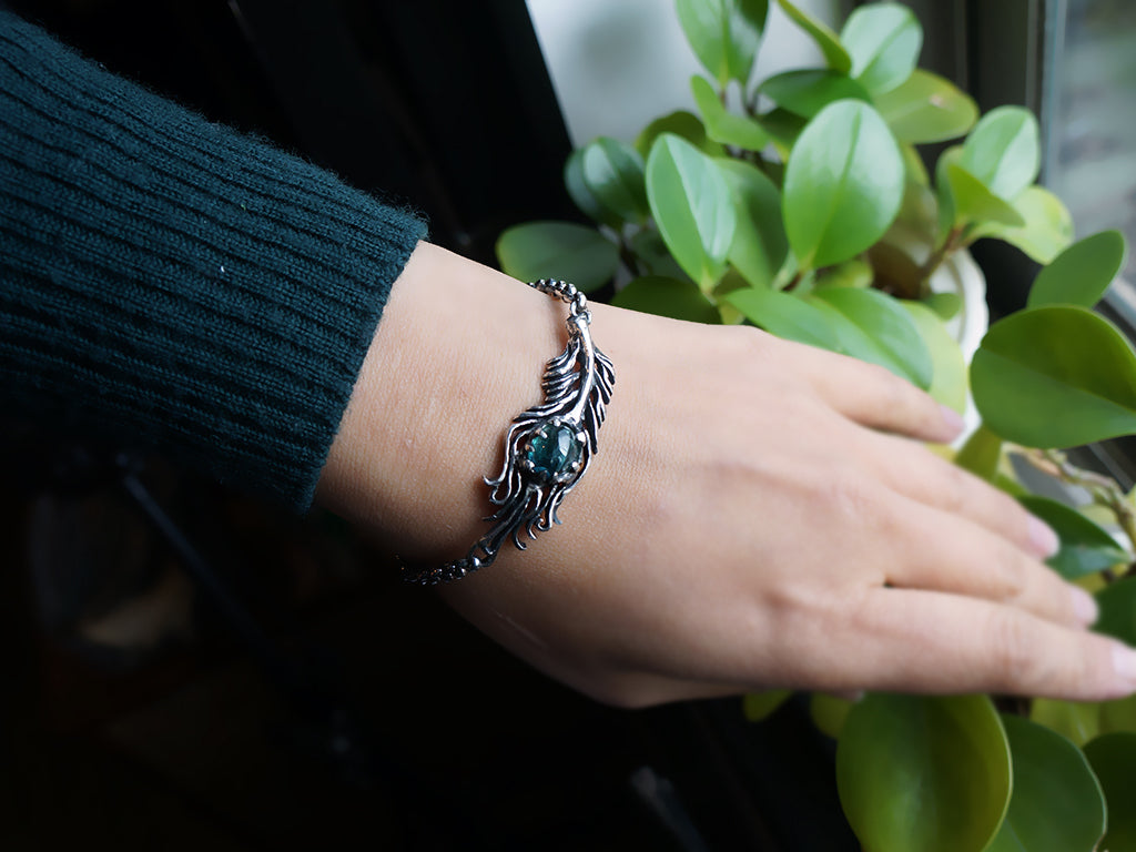 Tourmaline|富貴孔雀羽毛 藍綠漸層色碧璽 純銀手環 E031901