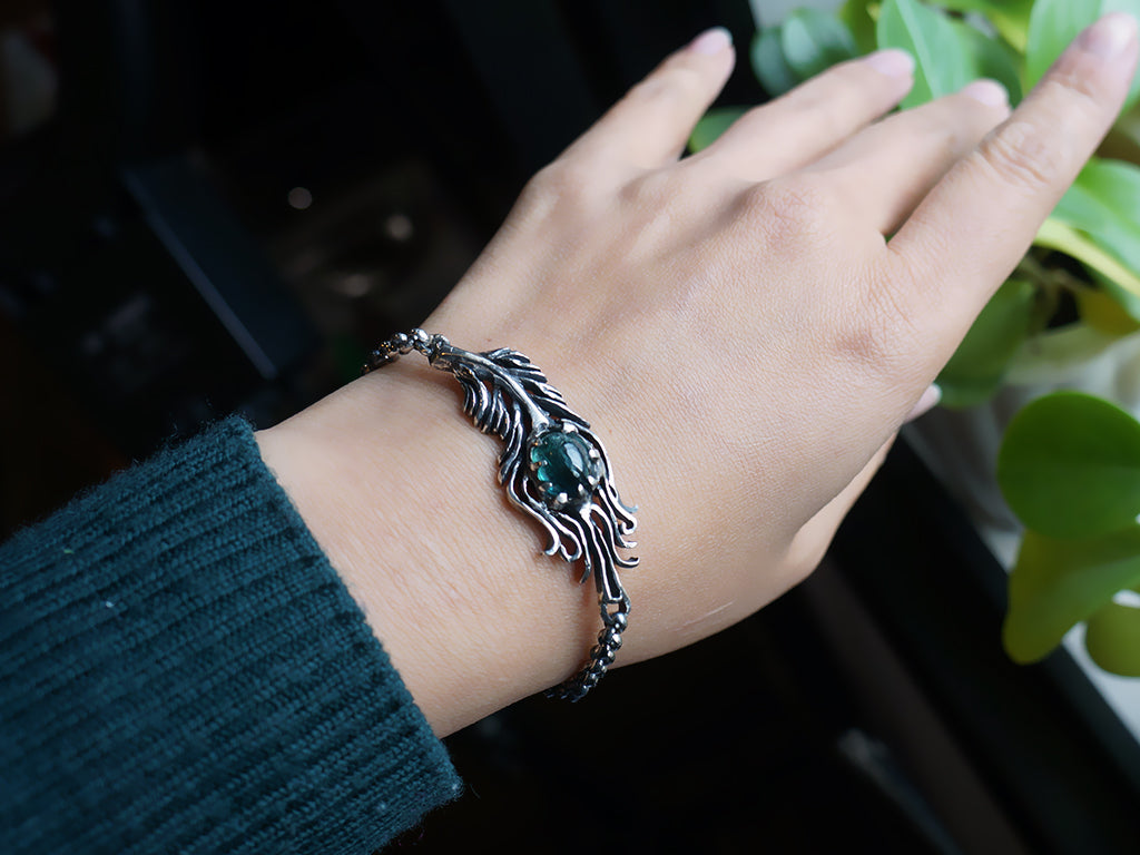 Tourmaline|富貴孔雀羽毛 藍綠漸層色碧璽 純銀手環 E031901