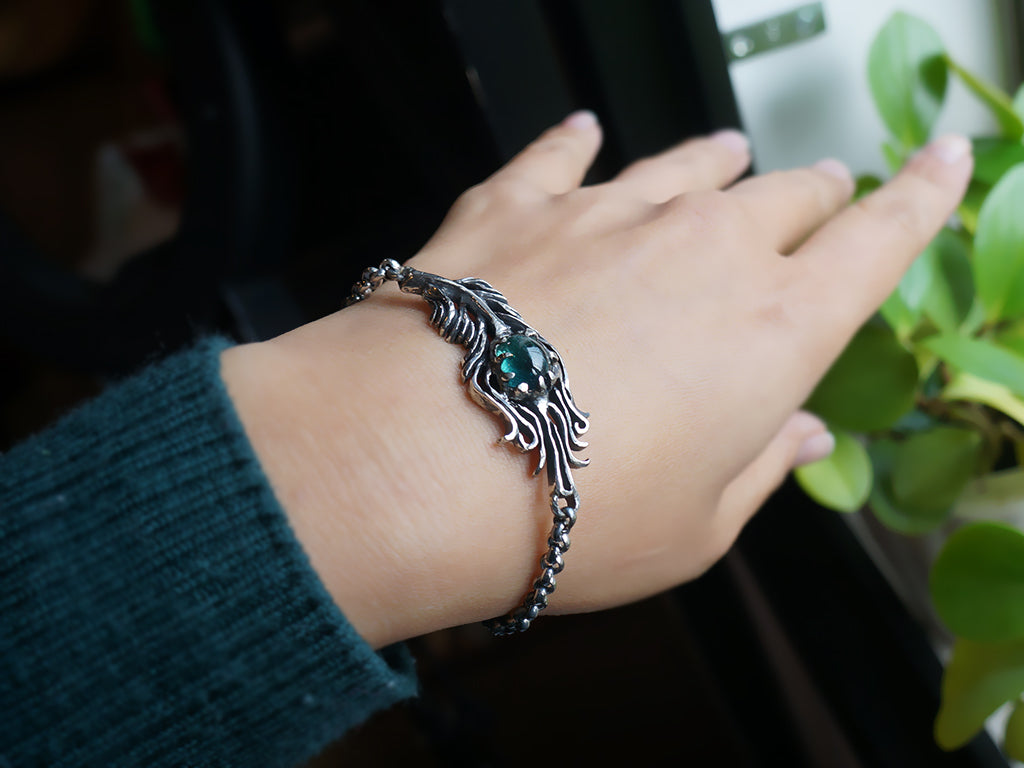 Tourmaline|富貴孔雀羽毛 藍綠漸層色碧璽 純銀手環 E031901