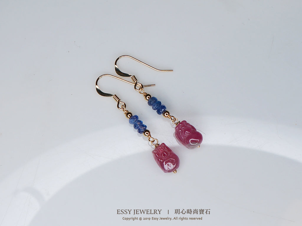 咬錢貔貅|桃粉碧璽 丹泉石耳環