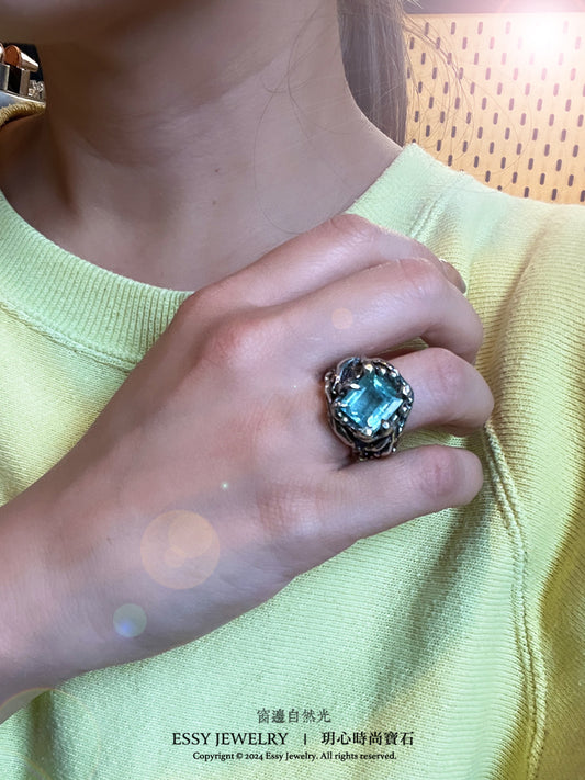 自然系|海水藍寶 樹枝藤造型純銀戒