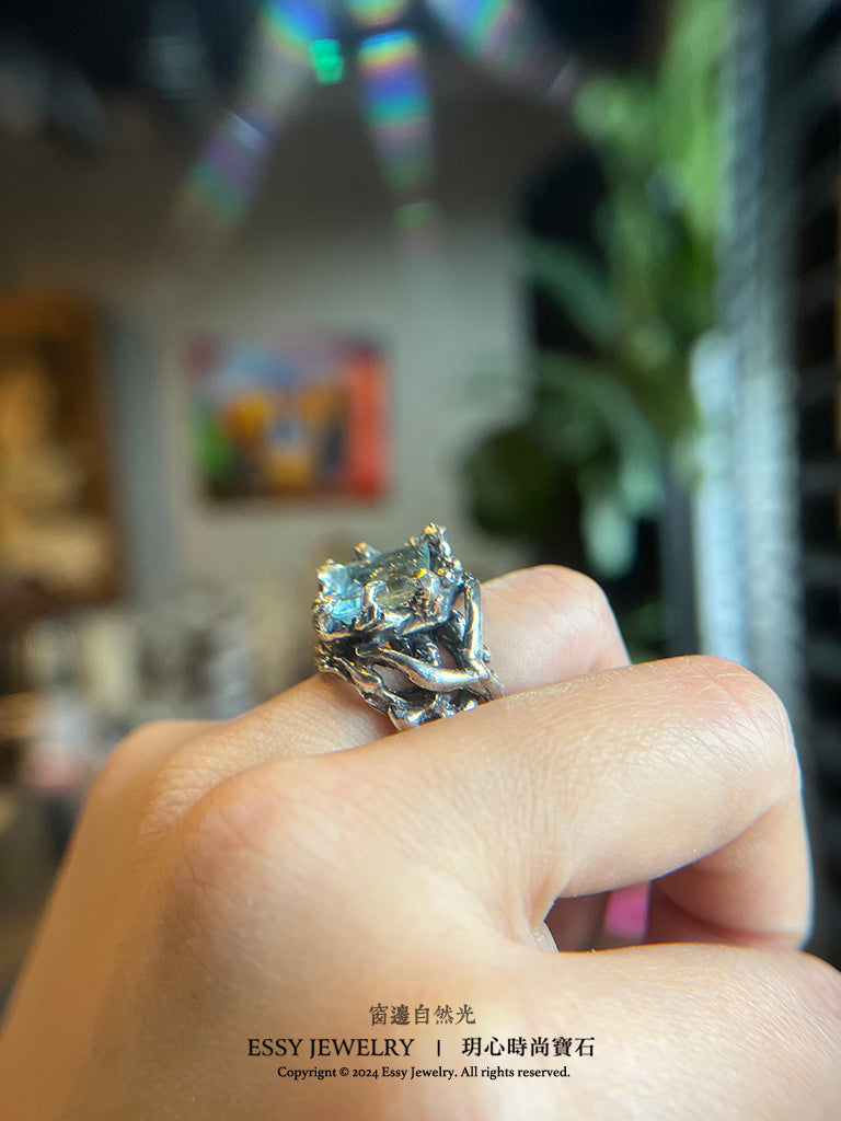 自然系|海水藍寶 樹枝藤造型純銀戒