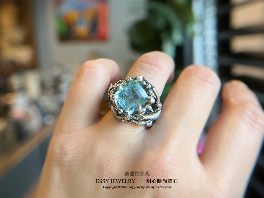 自然系|海水藍寶 樹枝藤造型純銀戒