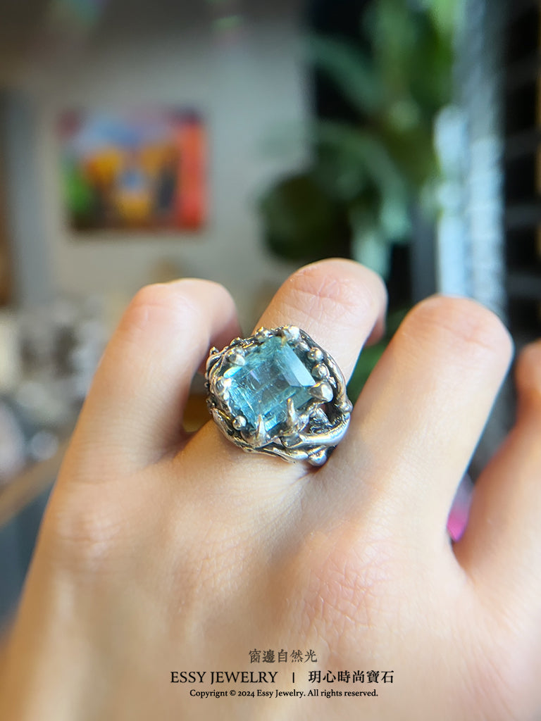 自然系|海水藍寶 樹枝藤造型純銀戒