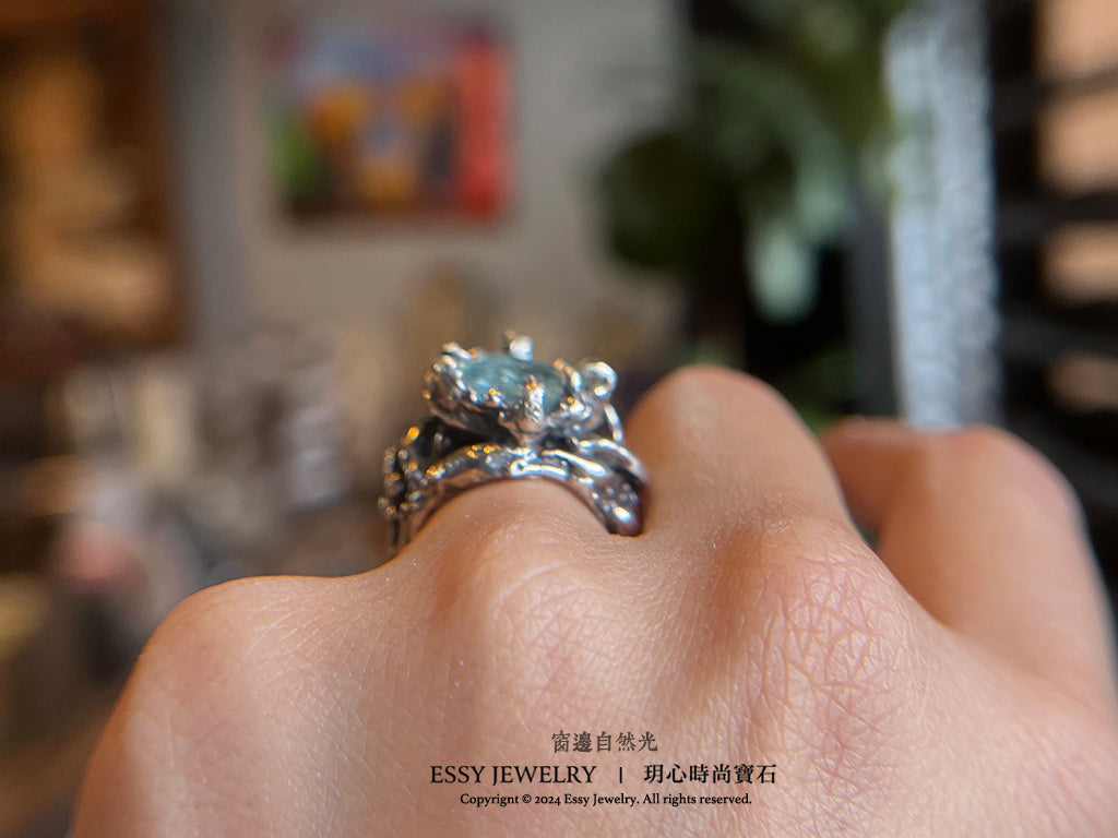 自然系|海水藍寶 樹枝藤造型純銀戒