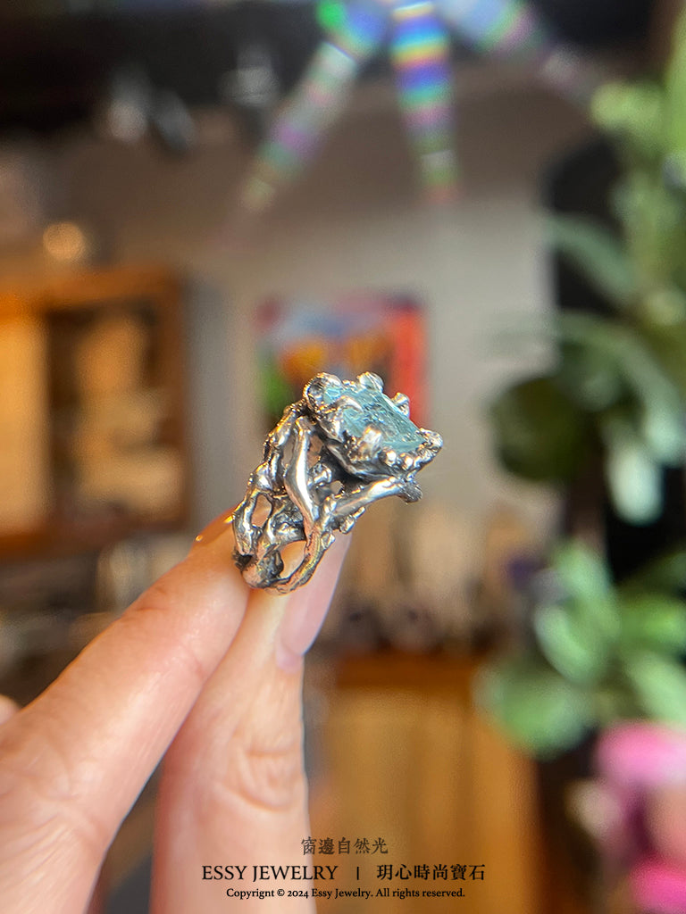 自然系|海水藍寶 樹枝藤造型純銀戒