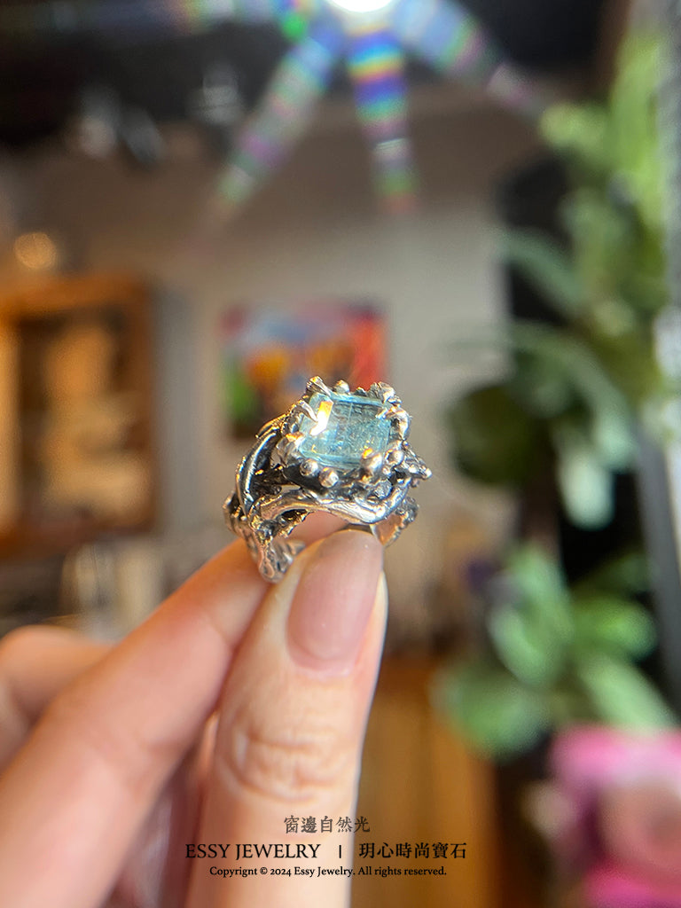 自然系|海水藍寶 樹枝藤造型純銀戒