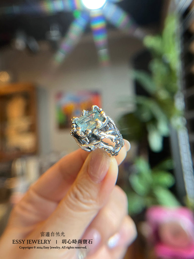 自然系|海水藍寶 樹枝藤造型純銀戒