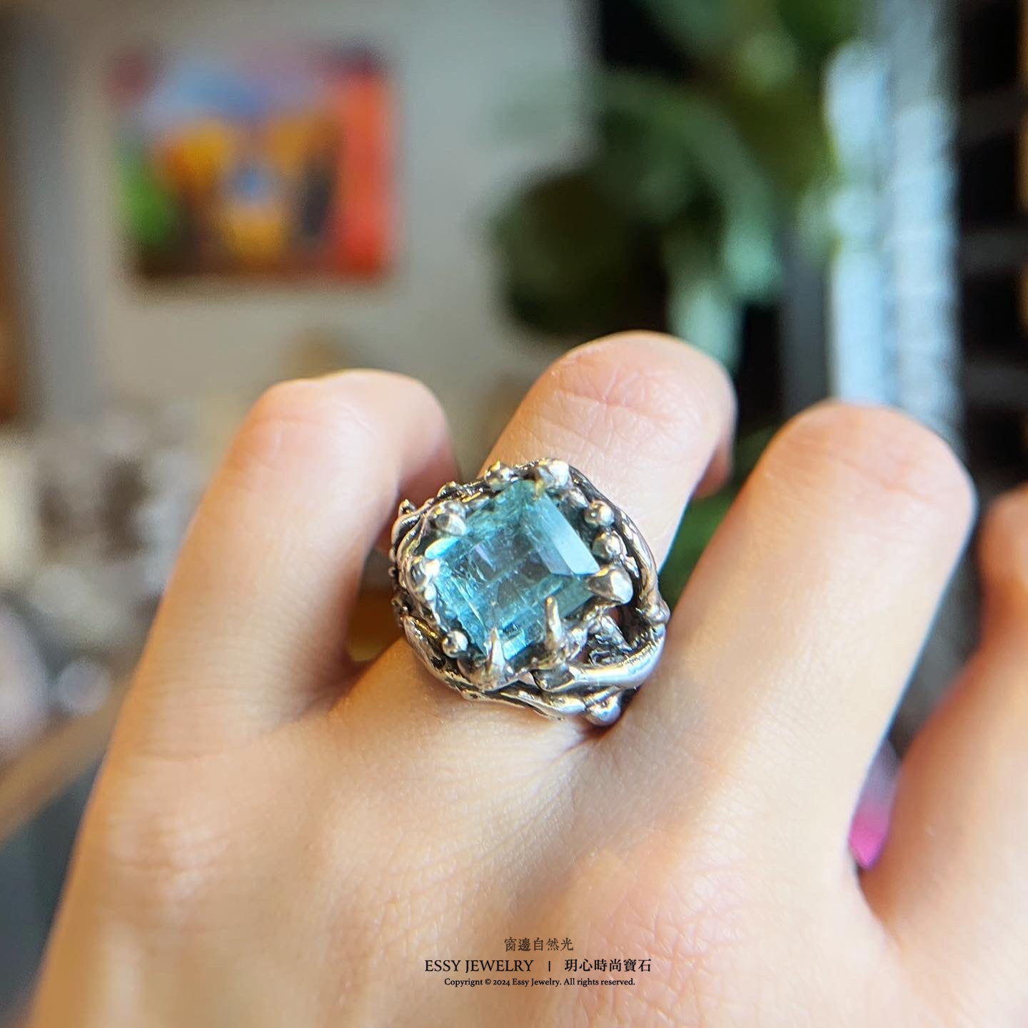 自然系|海水藍寶 樹枝藤造型純銀戒