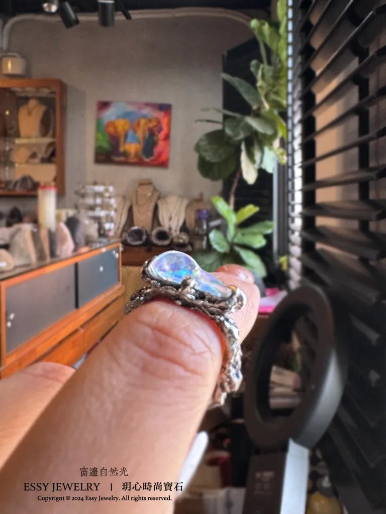 彩虹蛋白石山 手工純銀造型戒