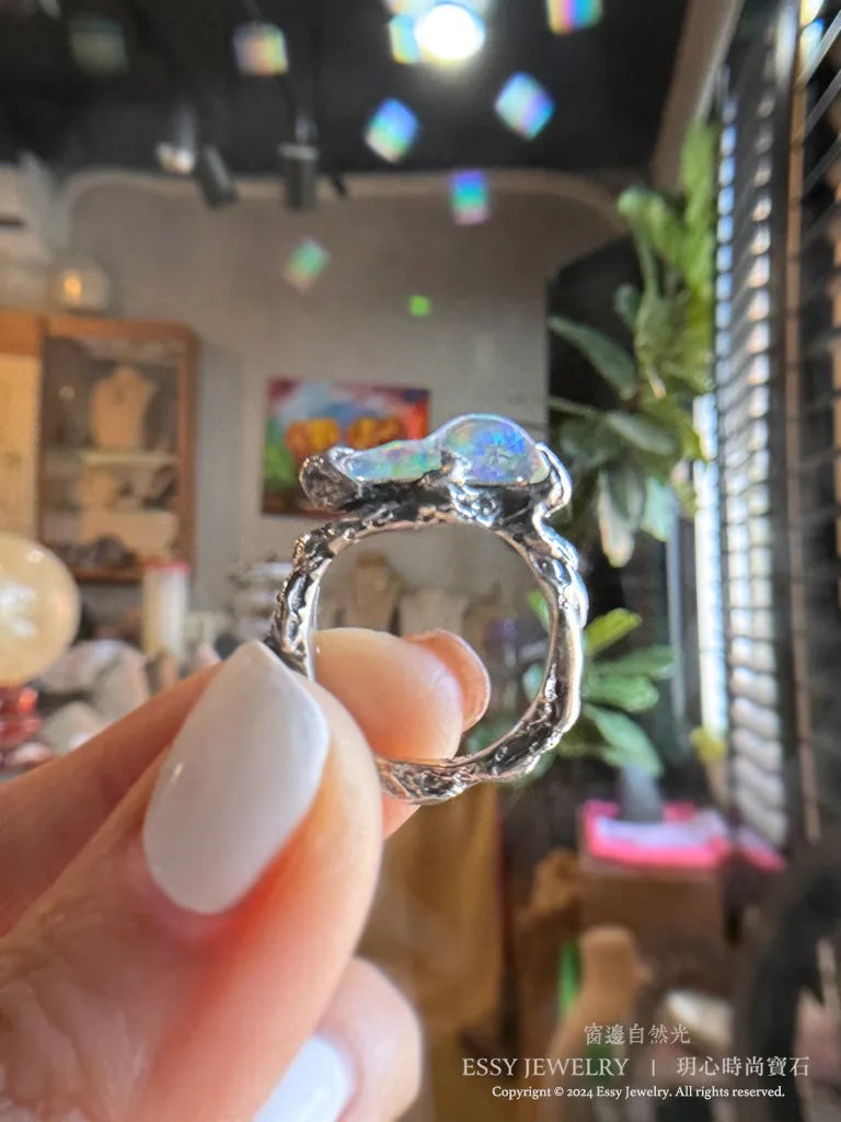 彩虹蛋白石山 手工純銀造型戒