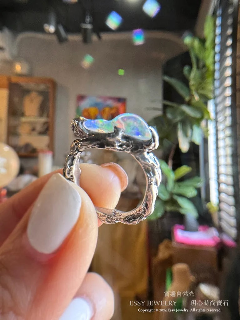彩虹蛋白石山 手工純銀造型戒
