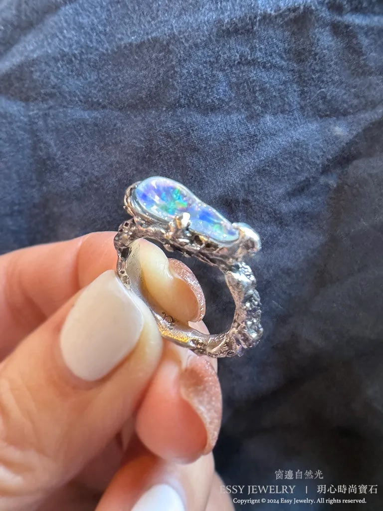 彩虹蛋白石山 手工純銀造型戒