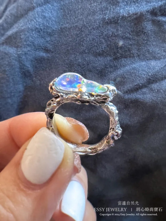 彩虹蛋白石山 手工純銀造型戒
