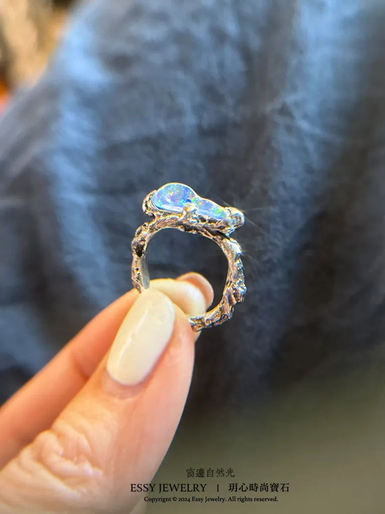 彩虹蛋白石山 手工純銀造型戒