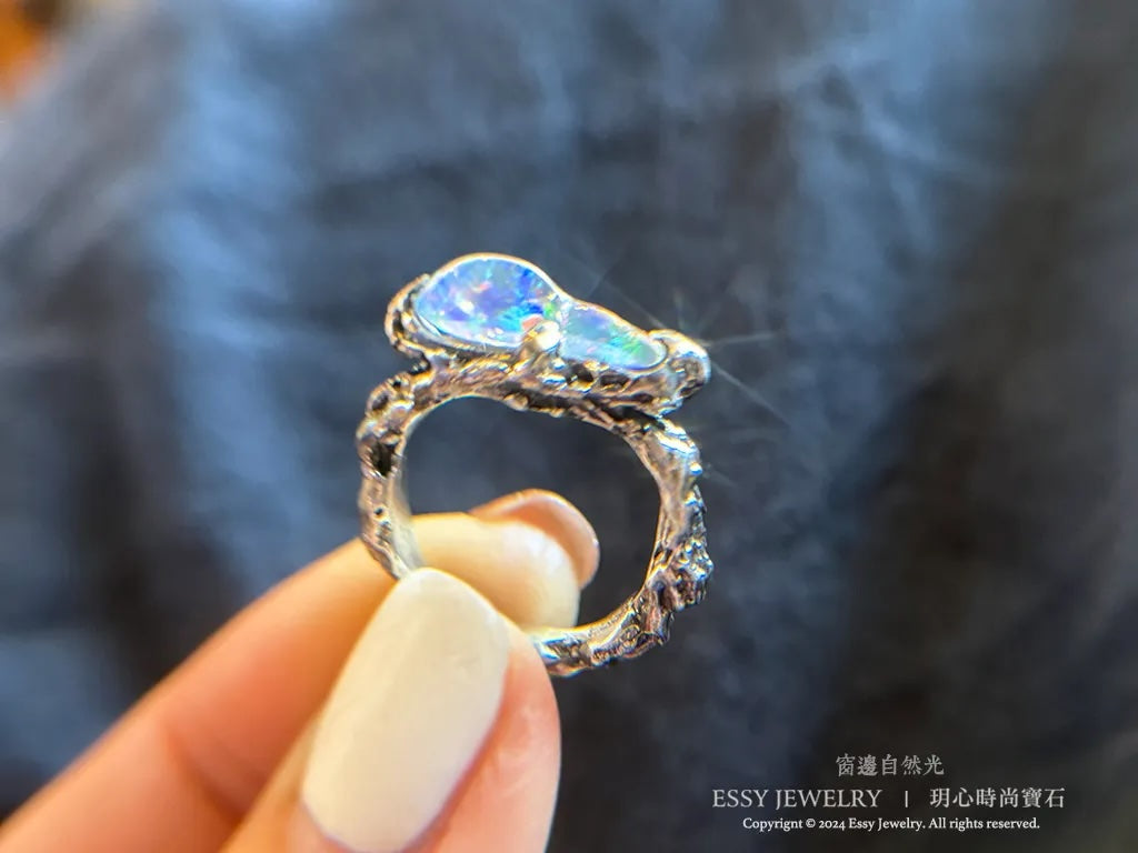 彩虹蛋白石山 手工純銀造型戒