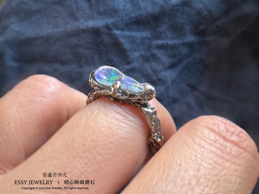 彩虹蛋白石山 手工純銀造型戒