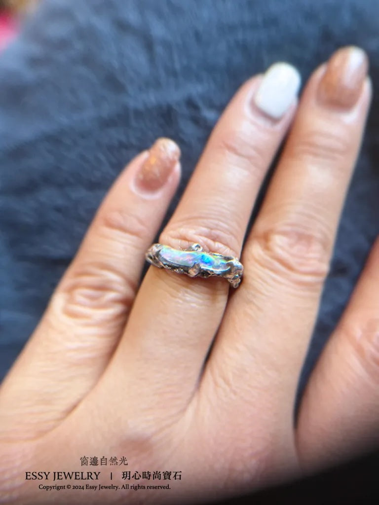 彩虹蛋白石山 手工純銀造型戒