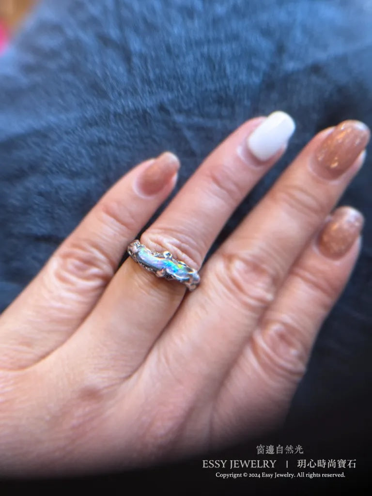 彩虹蛋白石山 手工純銀造型戒