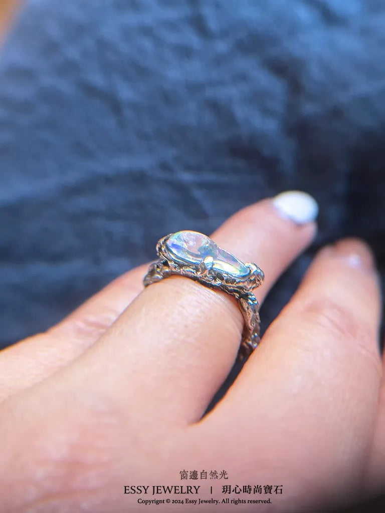 彩虹蛋白石山 手工純銀造型戒
