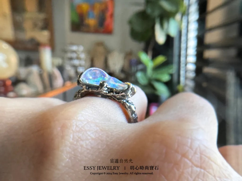 彩虹蛋白石山 手工純銀造型戒