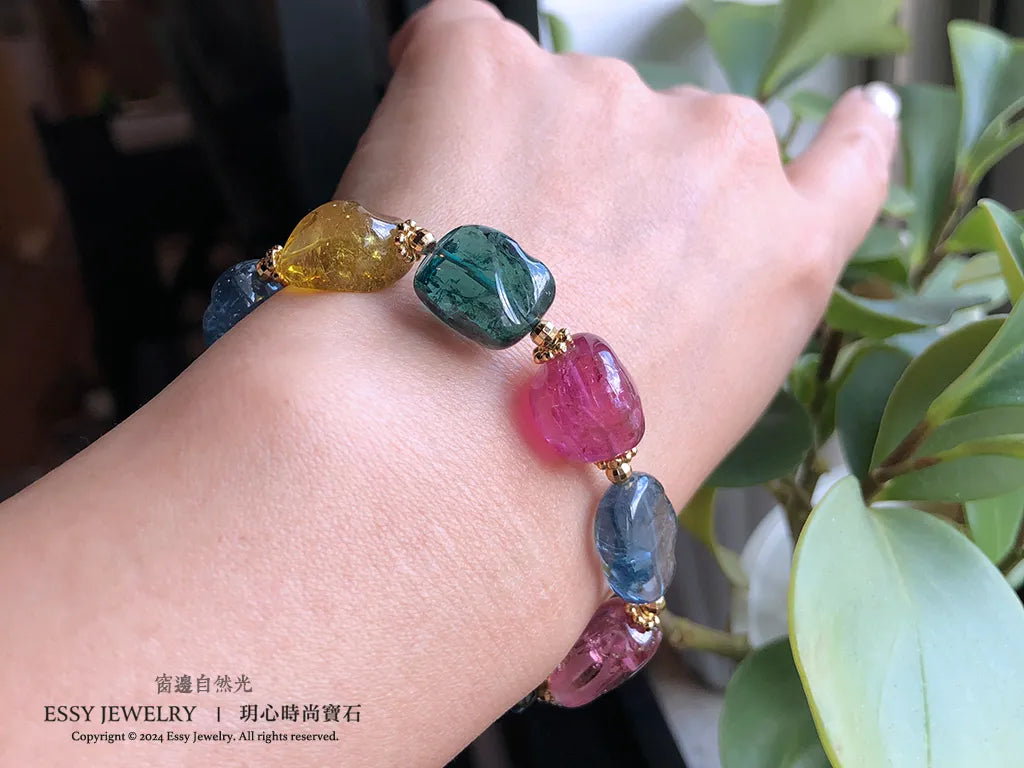 岩石造型|糖果色透亮碧璽原礦手環