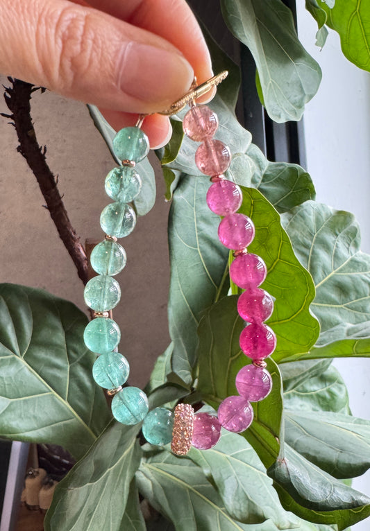 極品特殊色|Tiffany藍 / 紫紅碧璽圓珠手鍊