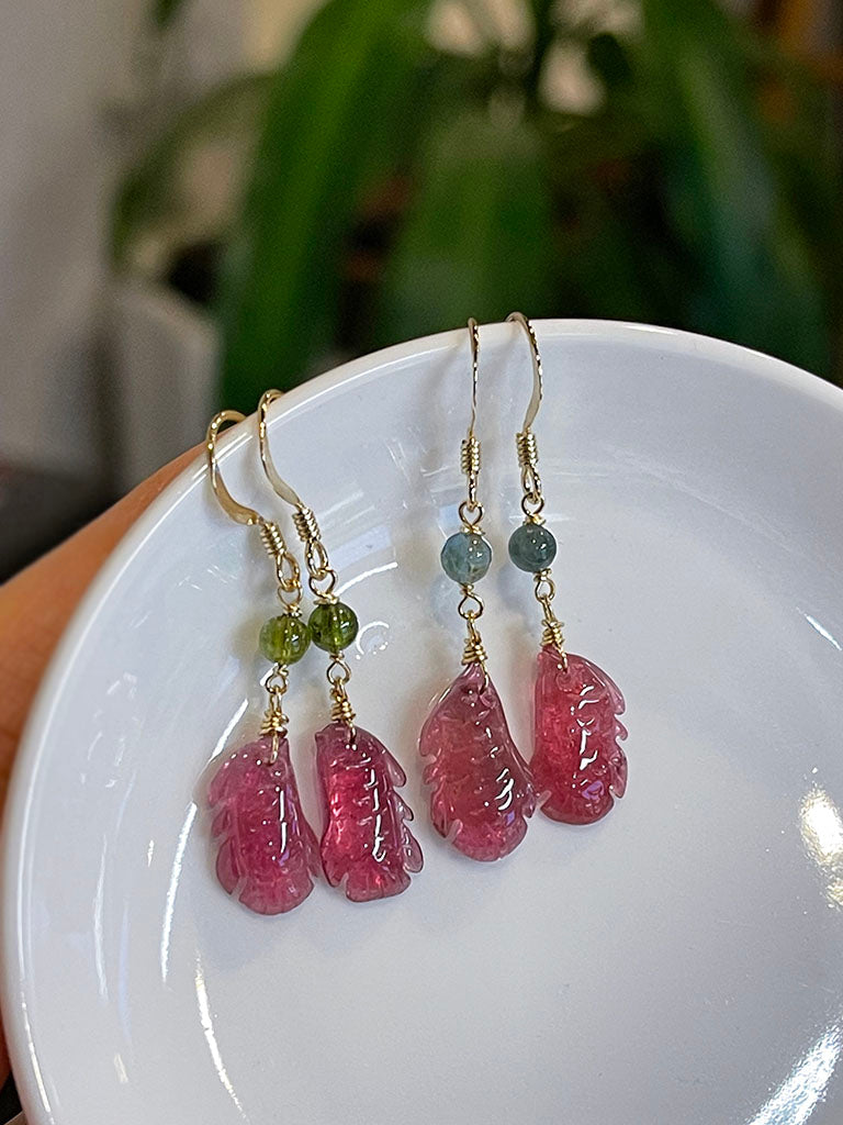 吉祥魚|桃粉碧璽耳環 - 藍碧璽珠