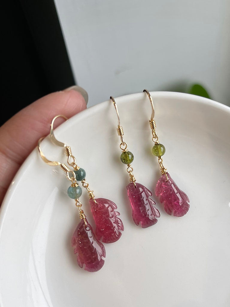 吉祥魚|桃粉碧璽耳環 - 藍碧璽珠