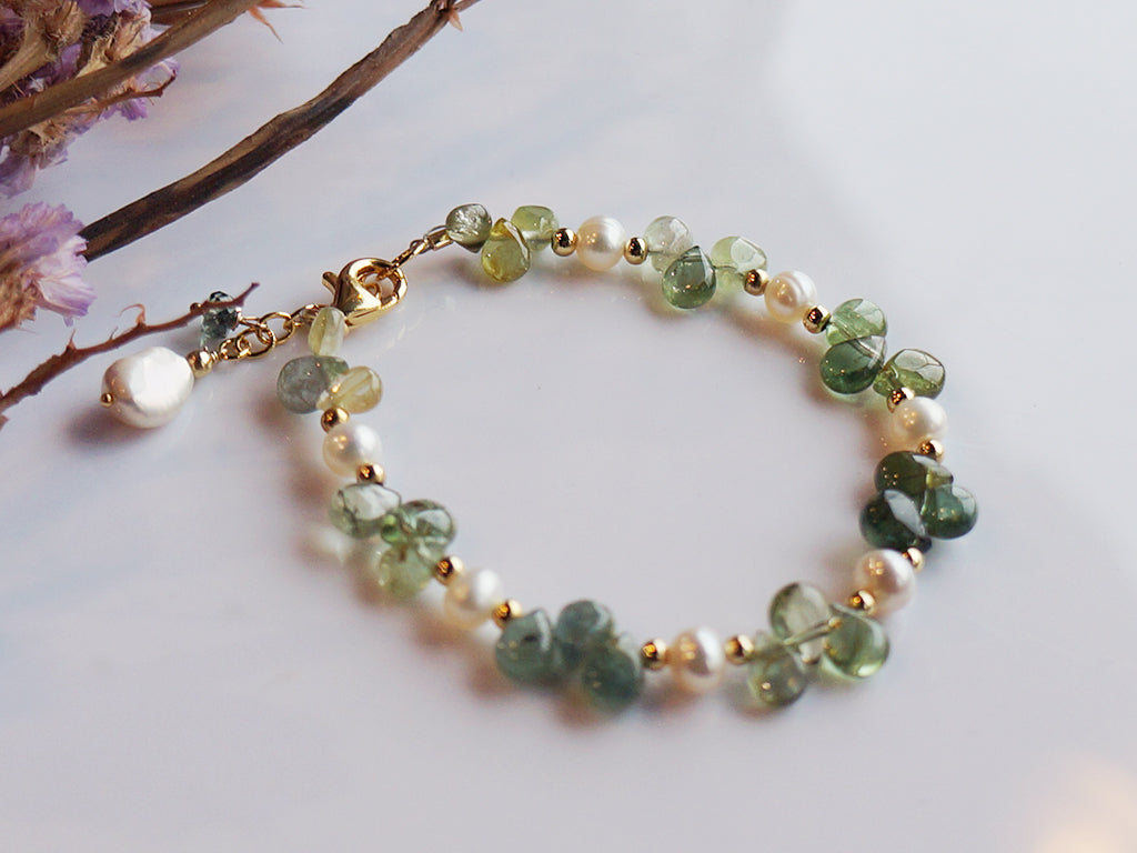 優雅水滴綠碧璽珍珠手環