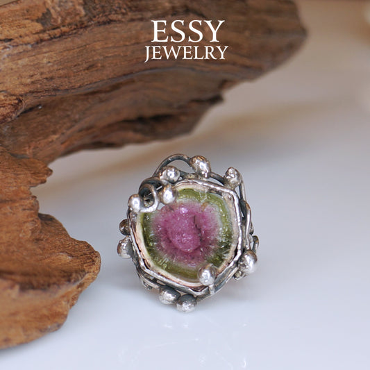 WATERMELON TOURMALINE|西瓜碧璽 手工自然有機形純銀戒指