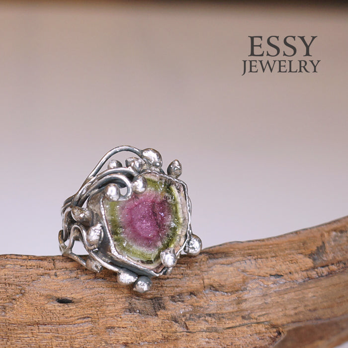 WATERMELON TOURMALINE|西瓜碧璽 手工自然有機形純銀戒指