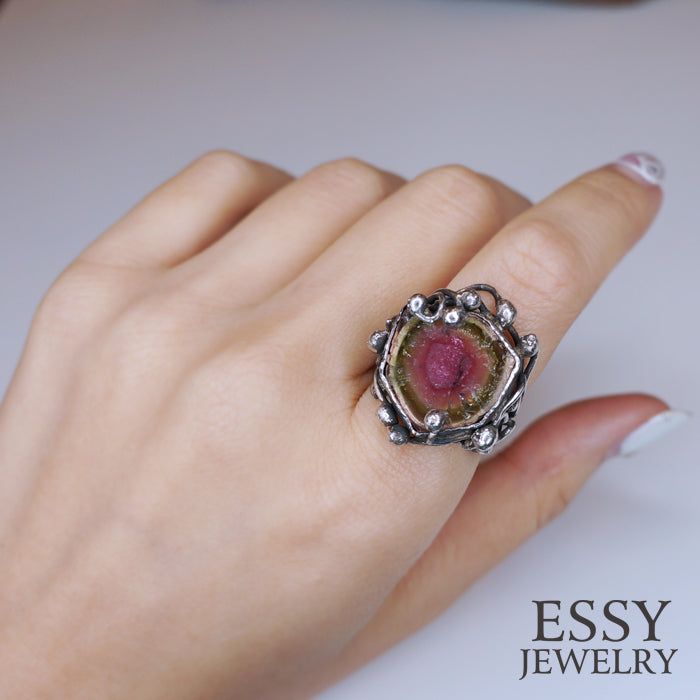 WATERMELON TOURMALINE|西瓜碧璽 手工自然有機形純銀戒指