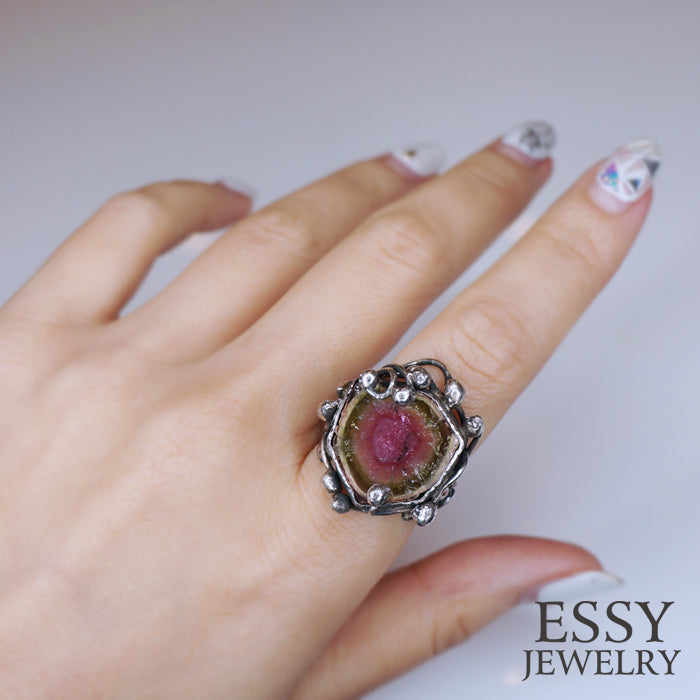 WATERMELON TOURMALINE|西瓜碧璽 手工自然有機形純銀戒指